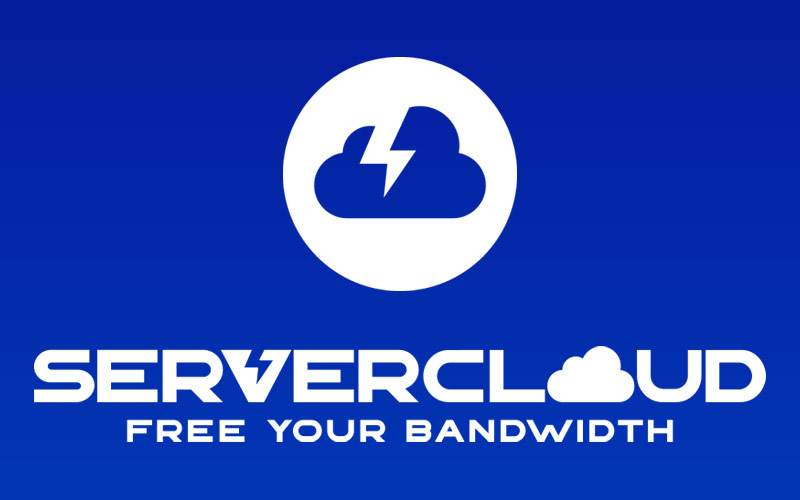 Server Cloud Logo and icon - White sans-serif type with lightning bolt and cloud icons over blue gradient