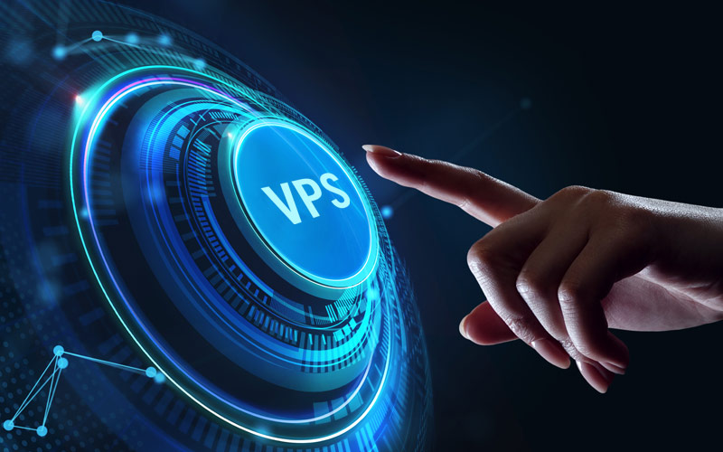 Photo of a woman pushing an illustrated button representing VPS IaaS