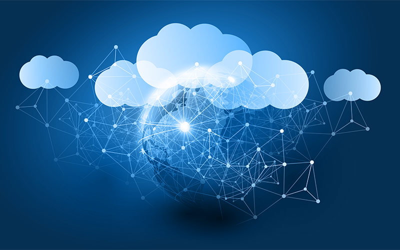 Cloud Computing Design Concept - Digital Connections, Technology Background with Earth Globe and Geometric Network Mesh