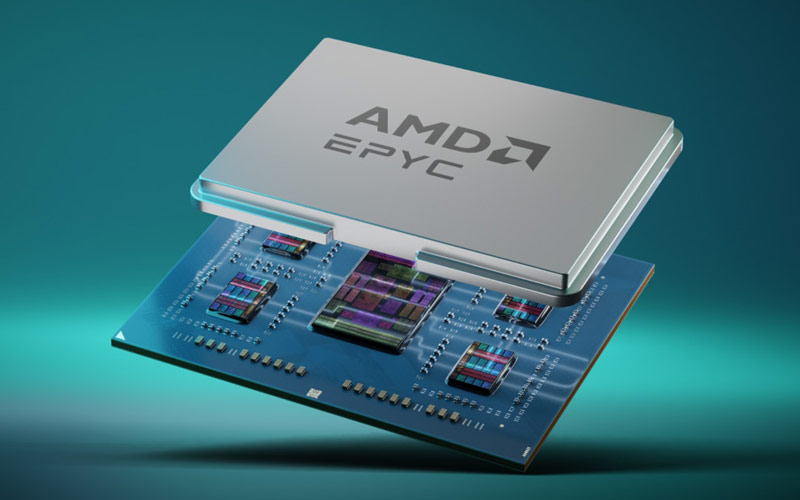 Photo of AMD EPYC 9654 processor on turquoise background